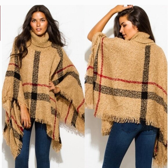 Camel mocha plaid turtleneck poncho wrap NWT - Picture 1 of 8